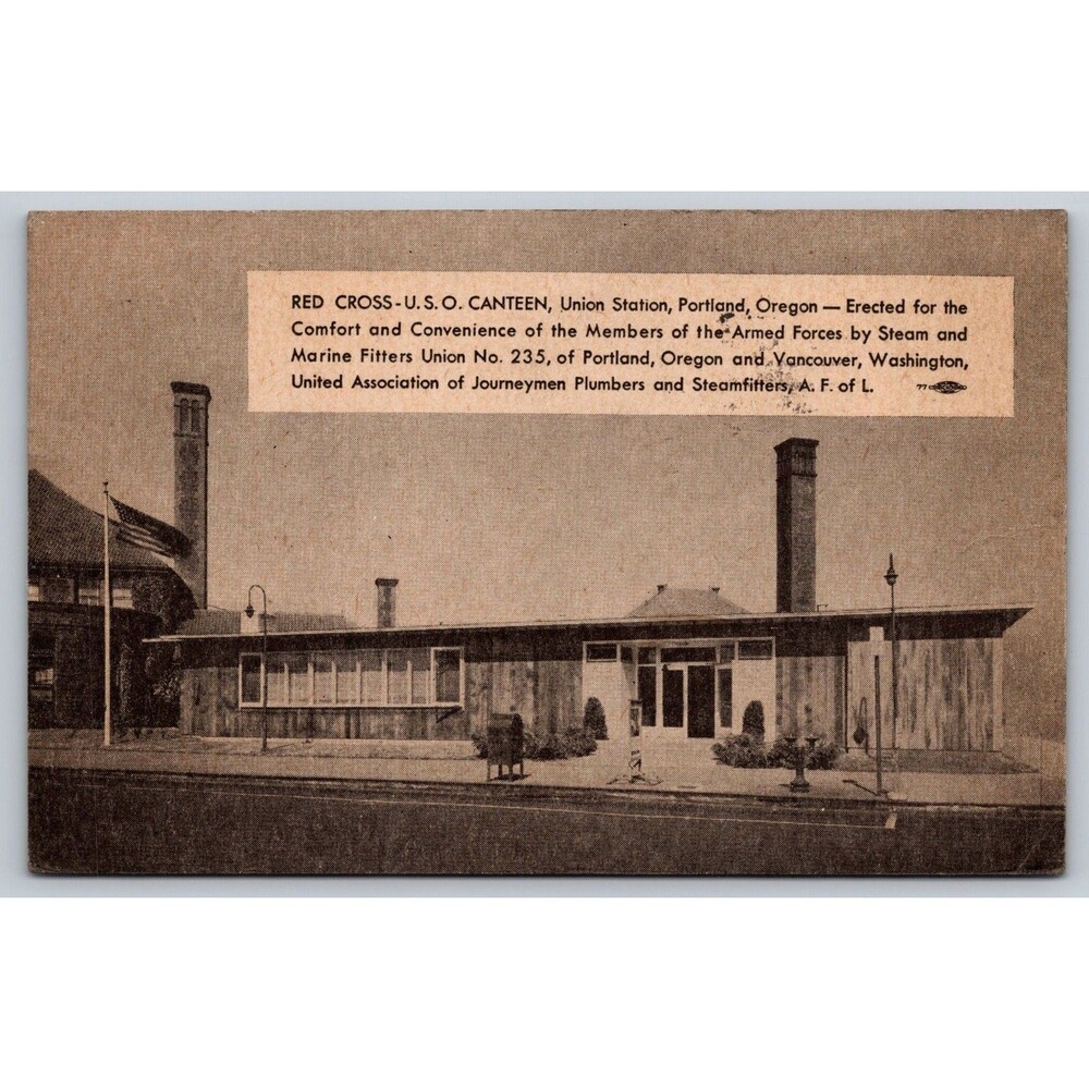 1945 WWII Red Cross USO Canteen Postcard Portland OR Union Station Soldier Mail